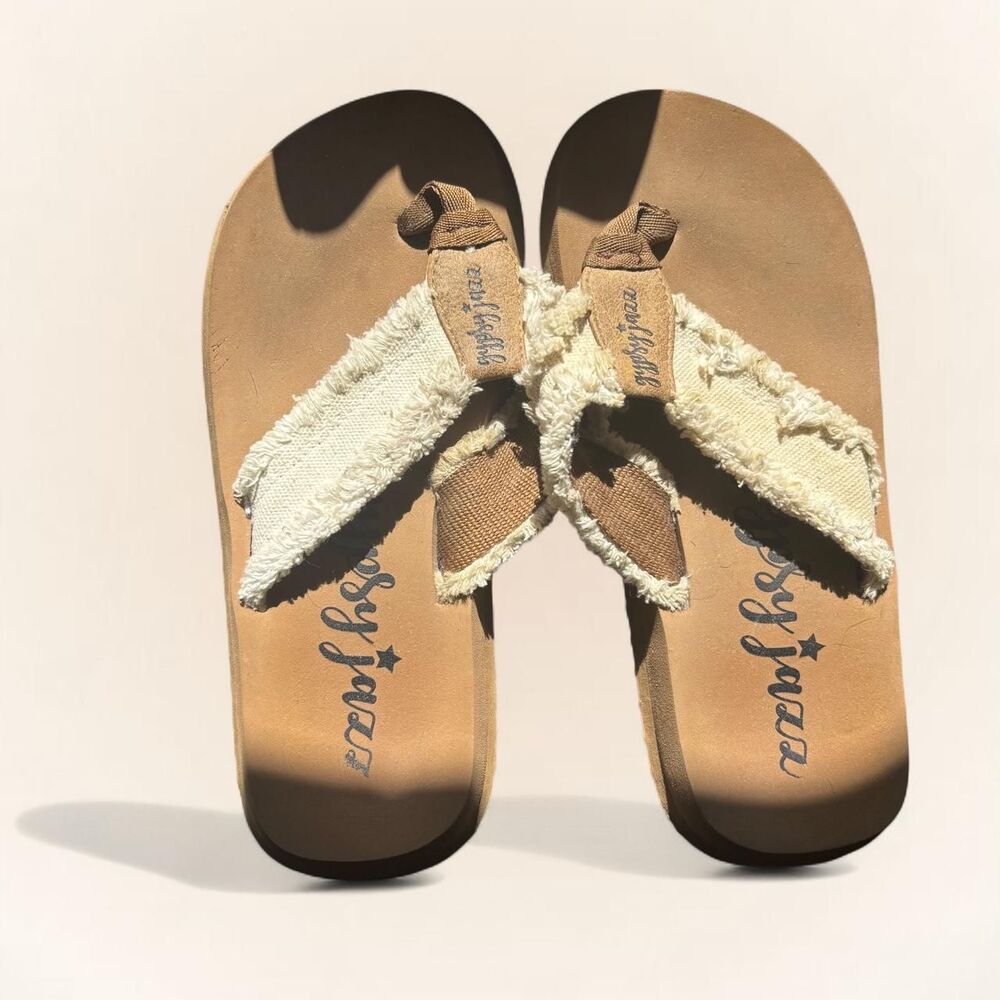 Gypsy Jazz Women's 6 Cream Fringe Flip Flops Boho Sandals Tan Thong NWT